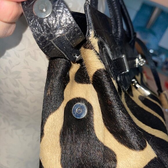 Womens Shoulder HandBag Brown Cowhide Hair Croc Embossed Leather Made In Italy - Picture 16 of 16